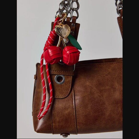 Urban Outfitters Accessories - Urban Outfitters Leather Red Cherry w. Green Leaf on Gold Stem w. Rope Keychain